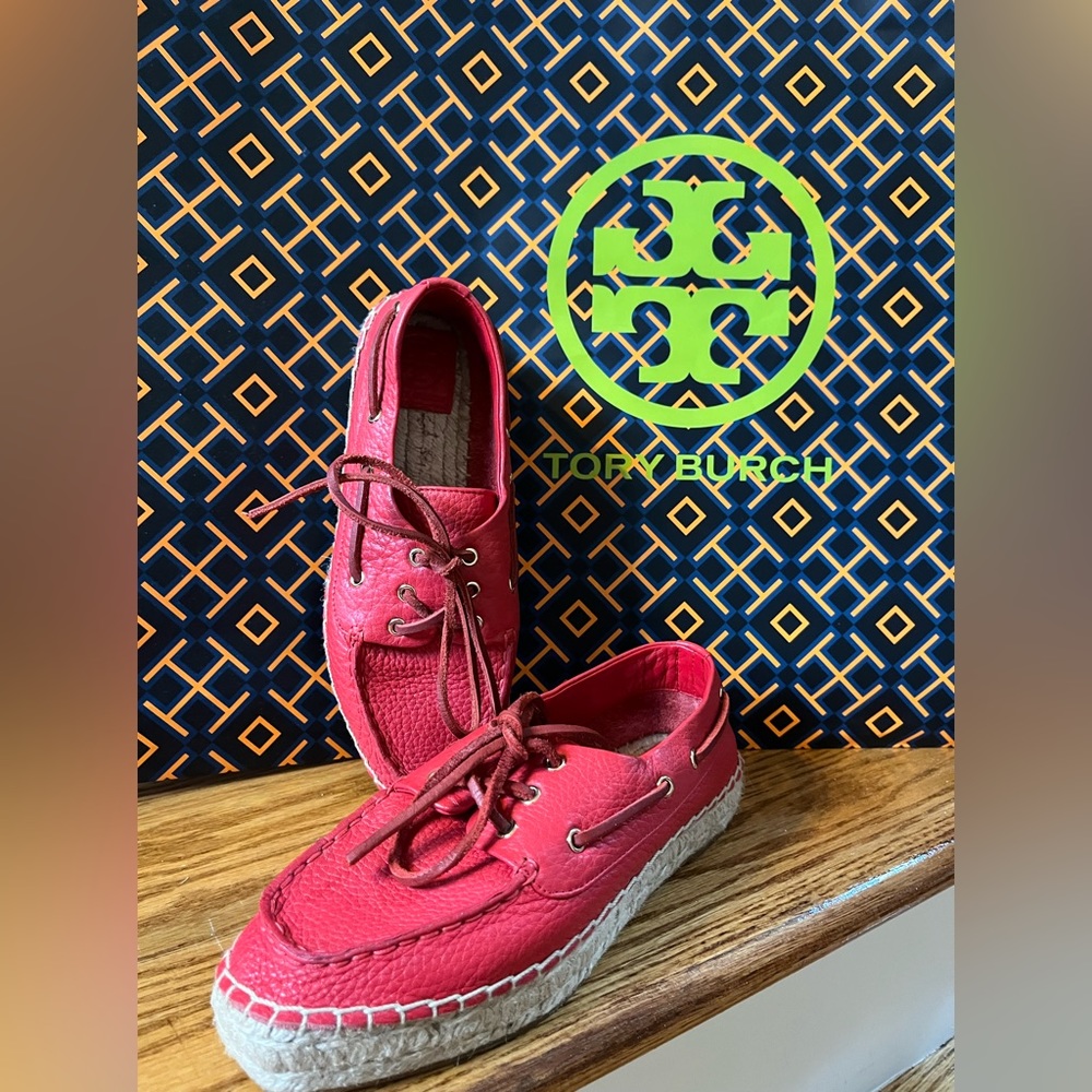 Tory Burch Red Leather Espadrille Boat Shoe